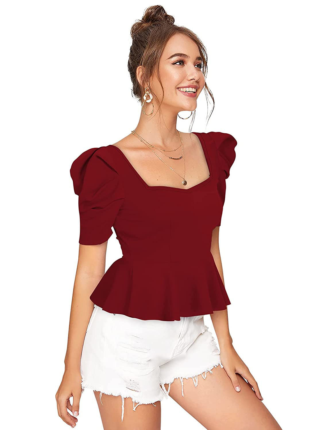 Illi London Illi London Womens Puff Sleeve Peplum Top 5389